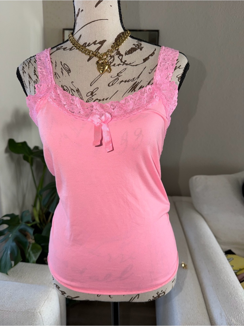 Pink Lace Trim Tank Top
